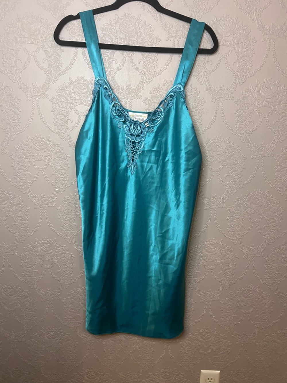 Vintage Turquoise Satin Chemise with Embroidered V-Neck
